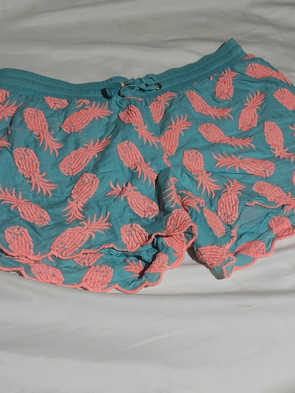 Lilly Pulitzer Teal Shorts with Coral Embroidered Pineapple Design